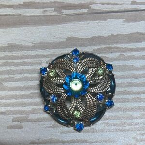 Vintage rivoli blue green silver Brooch pin